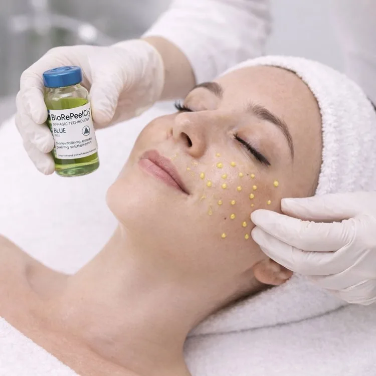BioRePeel treatment with the bottle and peel applied to the cheek