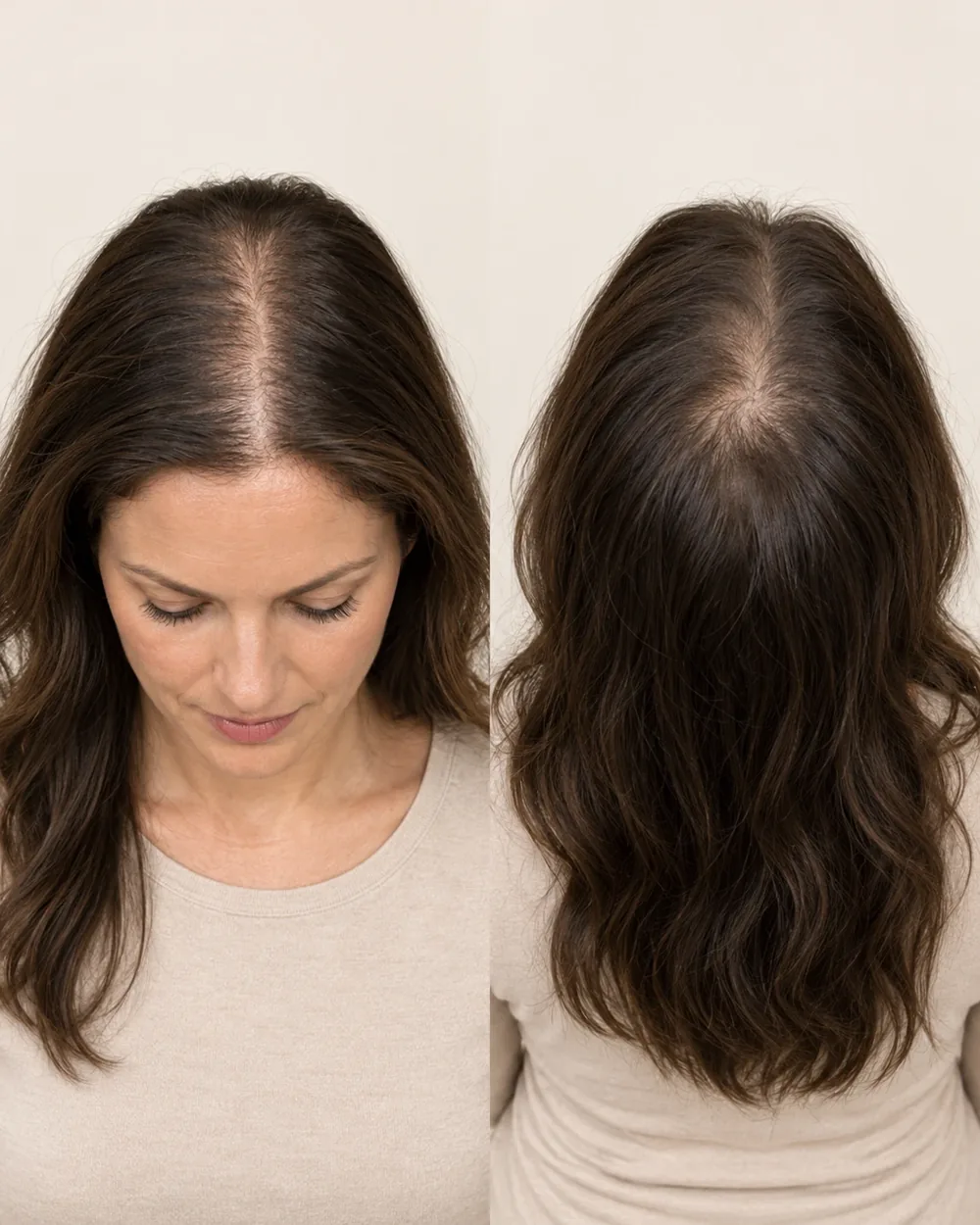 Front and back views of a woman&rsquo;s scalp showing PRP hair restoration treatment areas